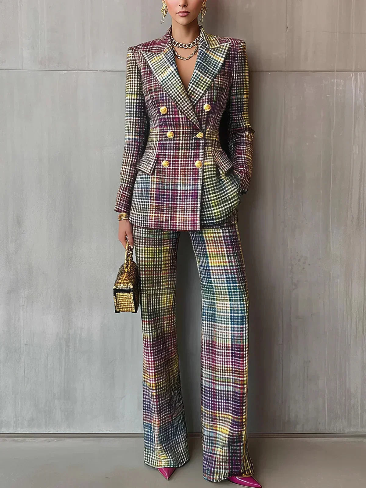 Tailleur femme croisé à épaules structurées, veste et pantalon