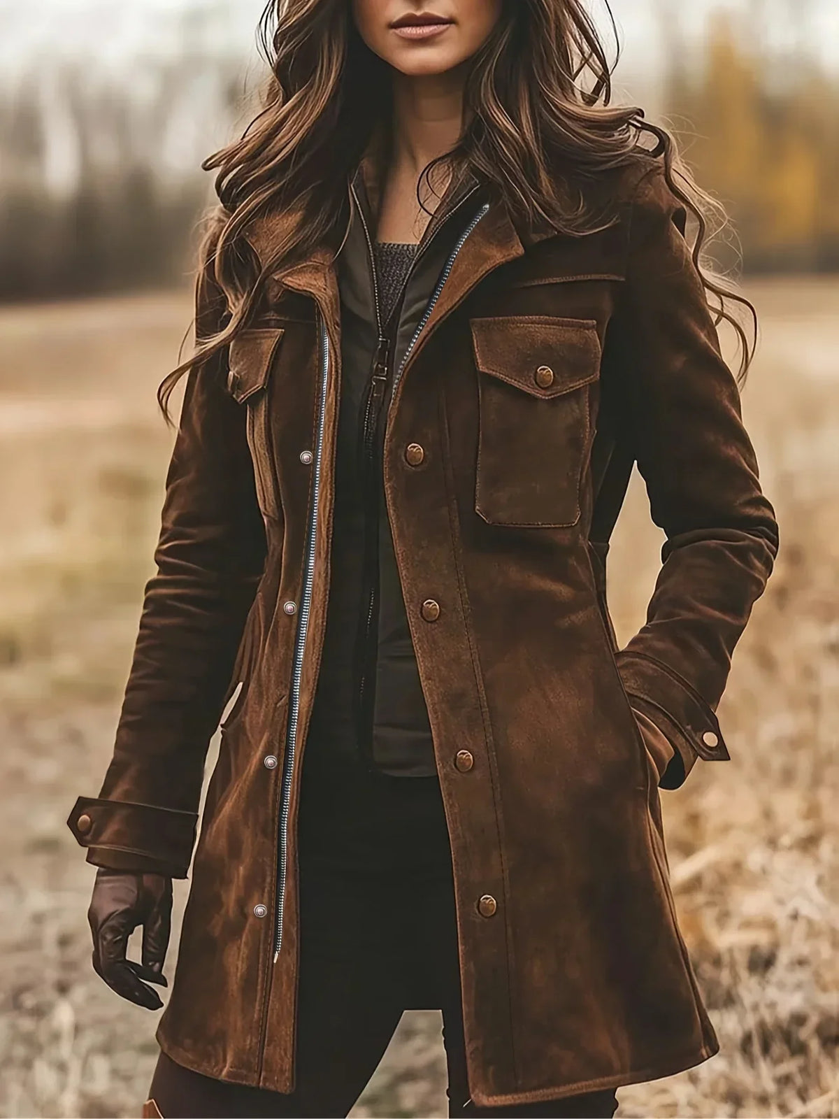 Manteau long femme à col cranté boutonné, marron