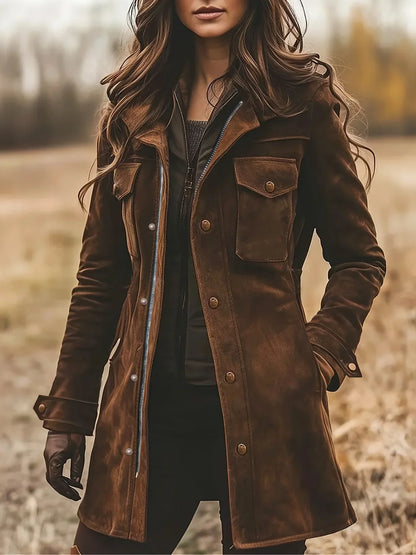 Manteau long femme à col cranté boutonné, marron
