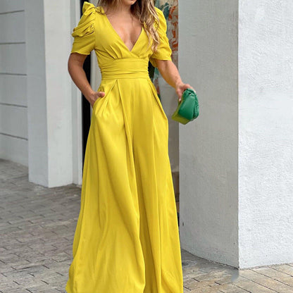 Sidalie | Combinaison Col V Manches Bouffantes Jambes Larges