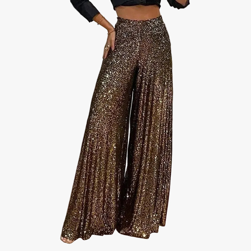 Pantalon large femme à sequins, taille haute et plis marqués