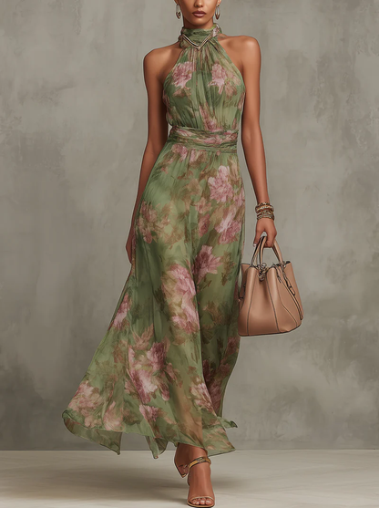 Berthine | Robe Longue Fleurie Col Halter Verte