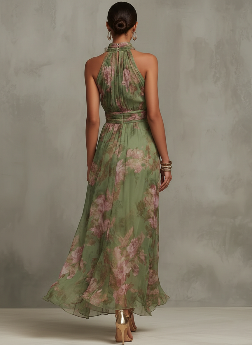 Berthine | Robe Longue Fleurie Col Halter Verte