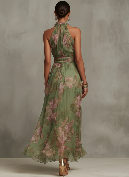 Berthine | Robe Longue Fleurie Col Halter Verte