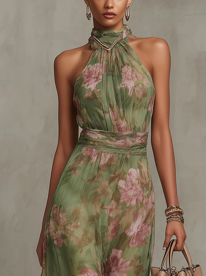 Berthine | Robe Longue Fleurie Col Halter Verte