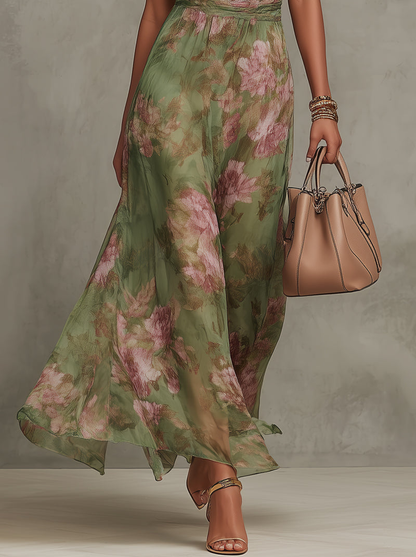 Berthine | Robe Longue Fleurie Col Halter Verte