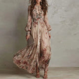 Lucine | Robe Longue Fleurie Taille Haute Beige