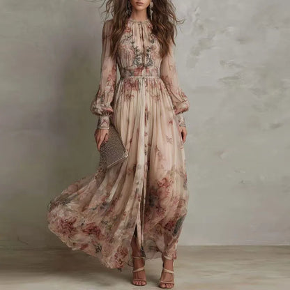 Lucine | Robe Longue Fleurie Taille Haute Beige