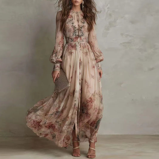 Lucine | Robe Longue Fleurie Taille Haute Beige