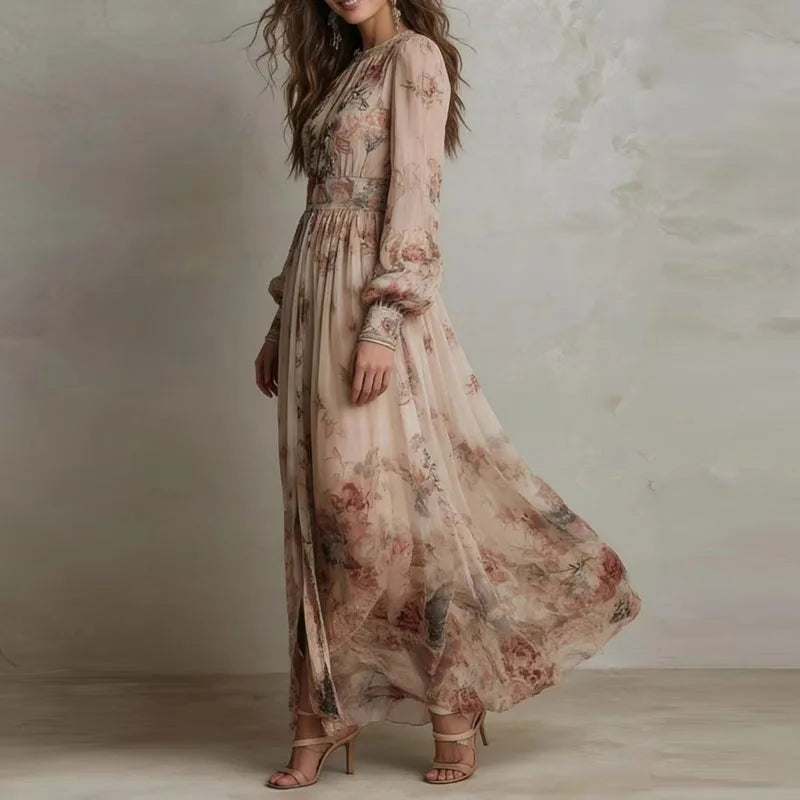 Lucine | Robe Longue Fleurie Taille Haute Beige