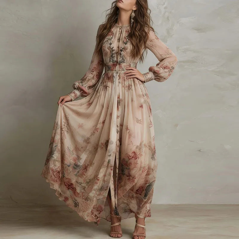 Lucine | Robe Longue Fleurie Taille Haute Beige