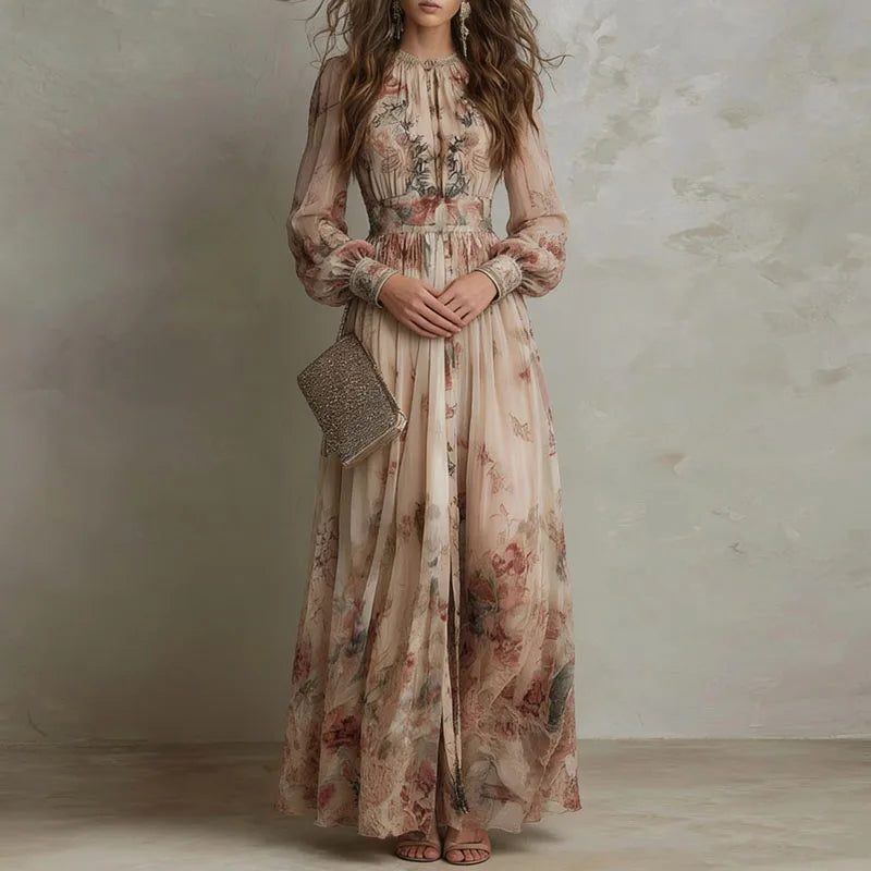 Lucine | Robe Longue Fleurie Taille Haute Beige