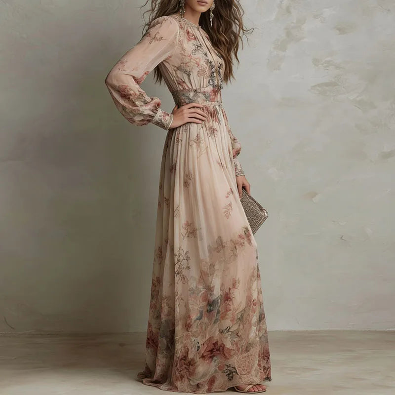 Lucine | Robe Longue Fleurie Taille Haute Beige