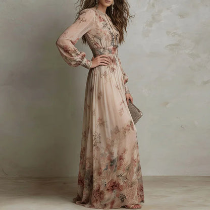 Lucine | Robe Longue Fleurie Taille Haute Beige