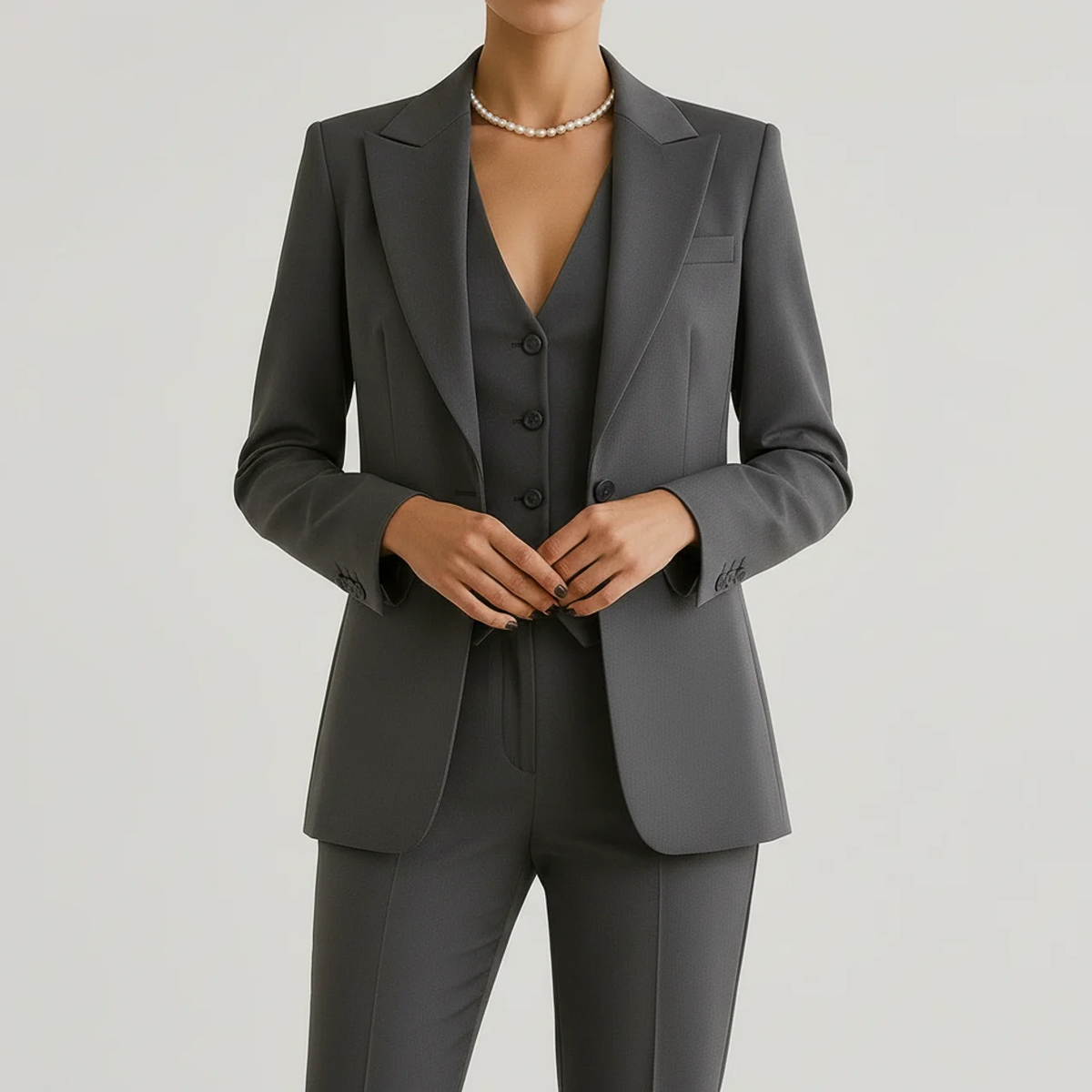 Tailleur blazer col cranté, gilet boutonné et pantalon