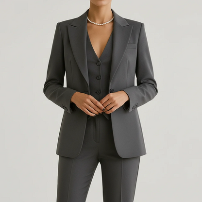 Tailleur blazer col cranté, gilet boutonné et pantalon