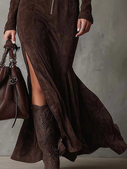 Robe marron ceinturée vue d'ensemble