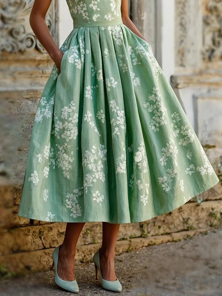 Clarine | Robe Midi Fleurie Épaules Dénudées