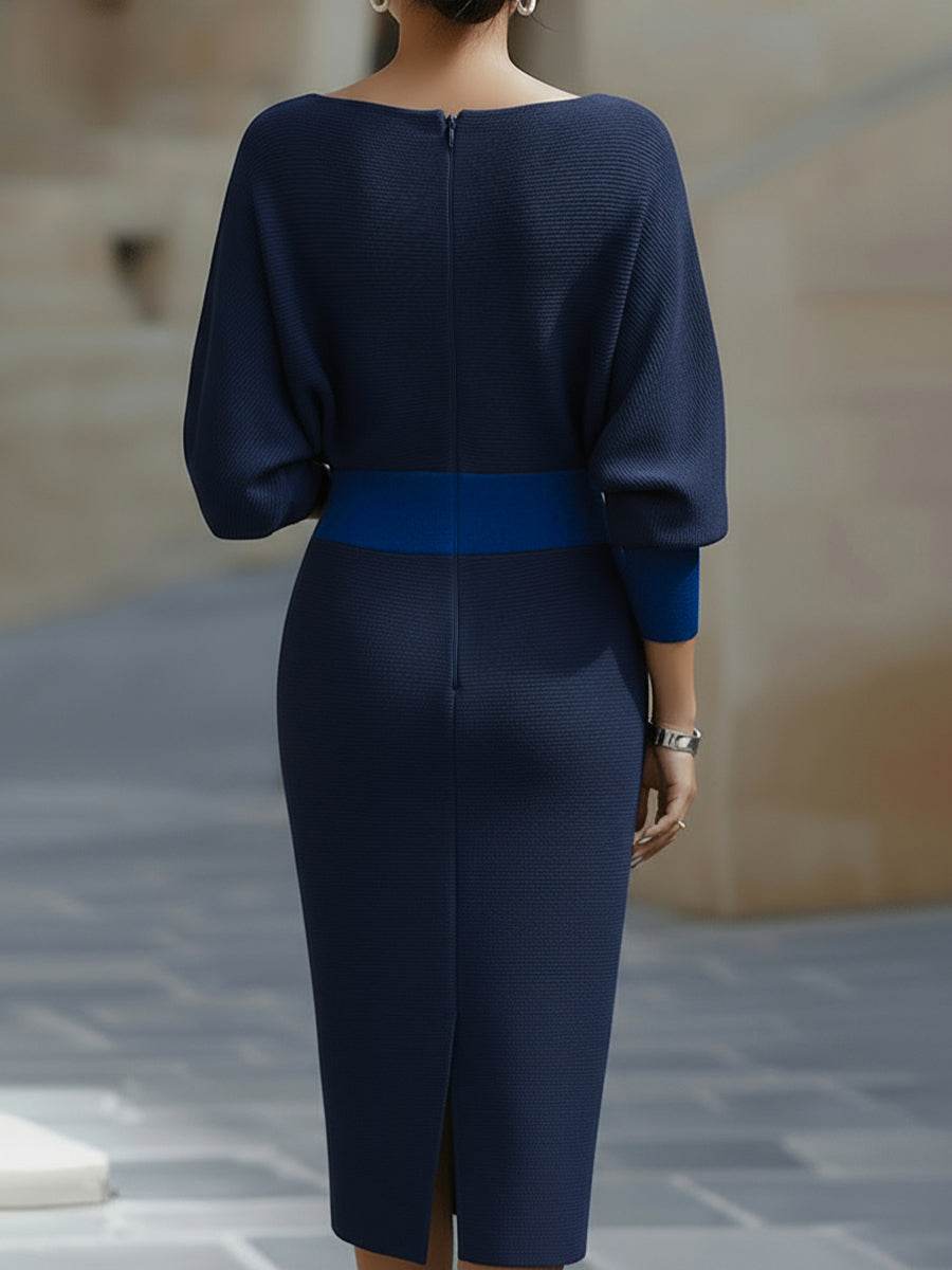 Isaline | Robe midi femme chic à manches chauve-souris drapées