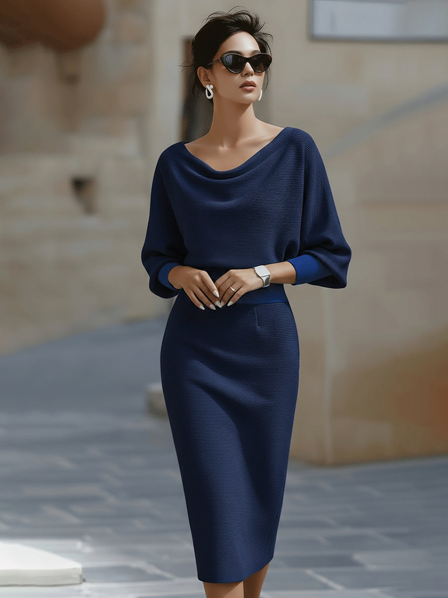 Isaline | Robe midi femme chic à manches chauve-souris drapées