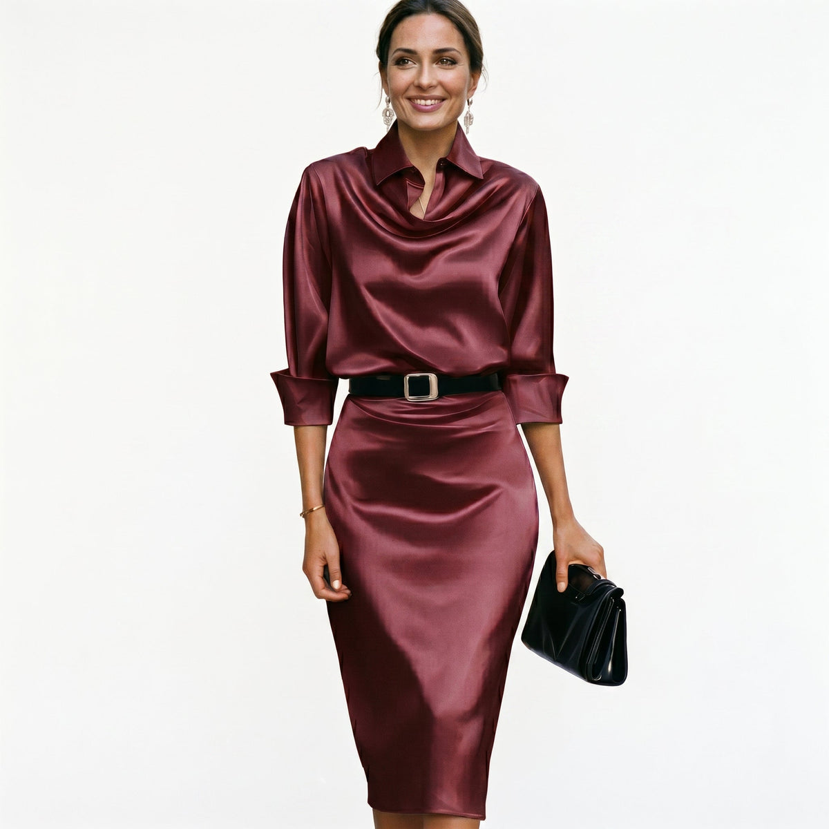 Robe midi satinée de cérémonie à manches trois-quarts