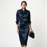 Robe midi satinée de cérémonie à manches trois-quarts