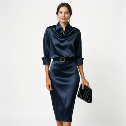 Robe invitée mariage en satin, manches trois-quarts