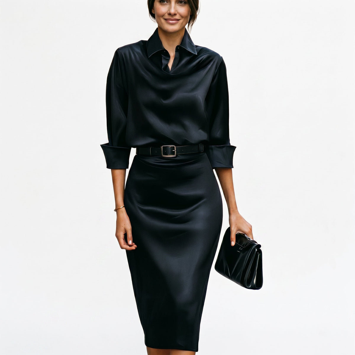 Robe midi satinée femme à taille marquée, ourlet mi-mollet