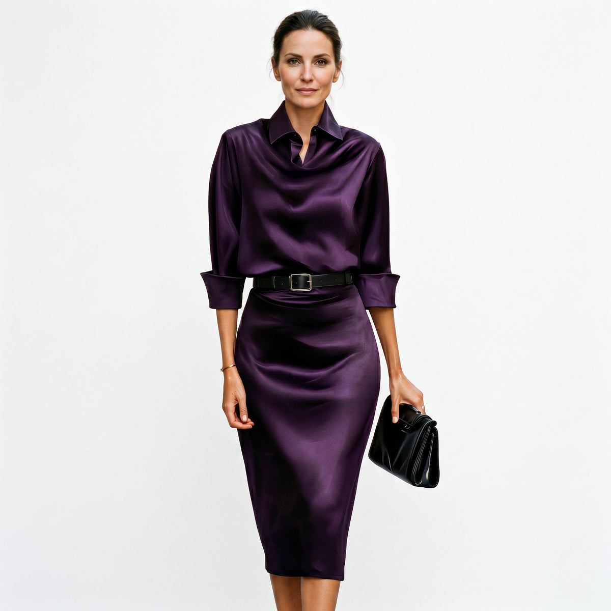 Robe invitée mariage en satin, manches trois-quarts