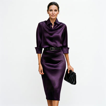 Robe invitée mariage en satin, manches trois-quarts