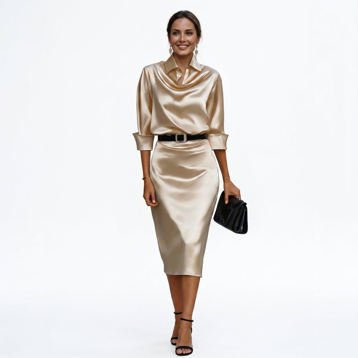 Robe midi de cérémonie satinée à décolleté drapé