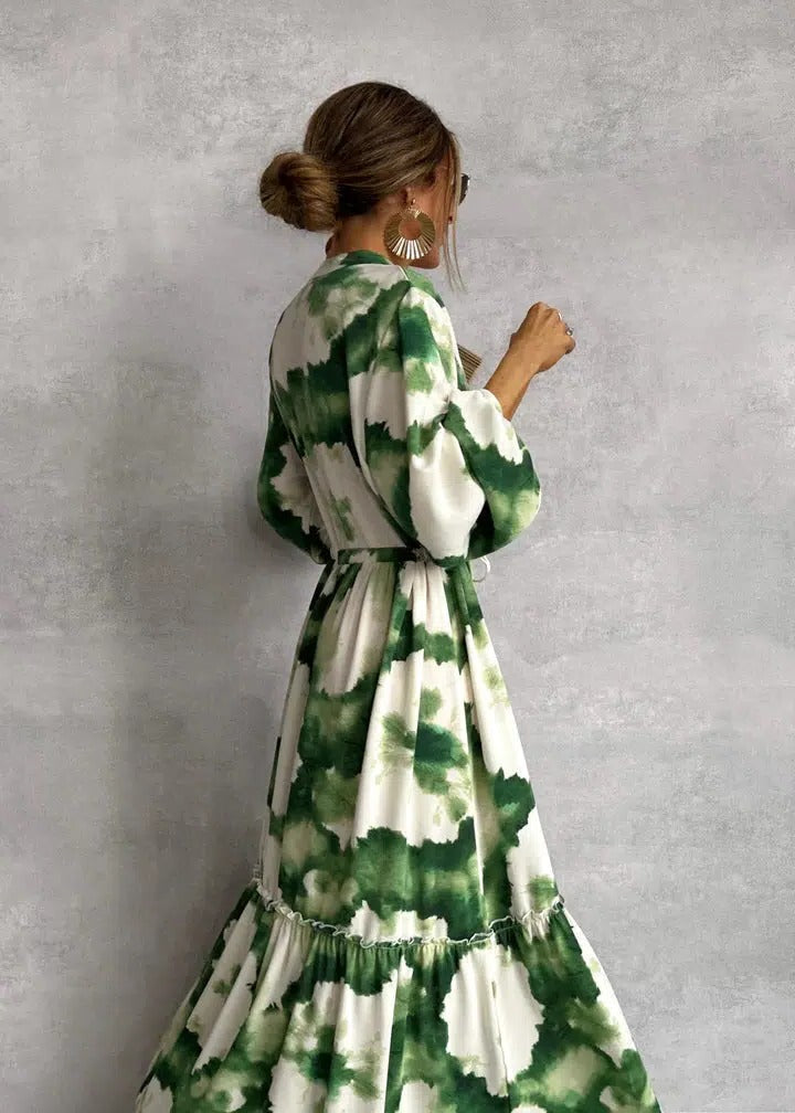 Gisleine | Robe Longue Imprimée Ceinturée à Volants Verte