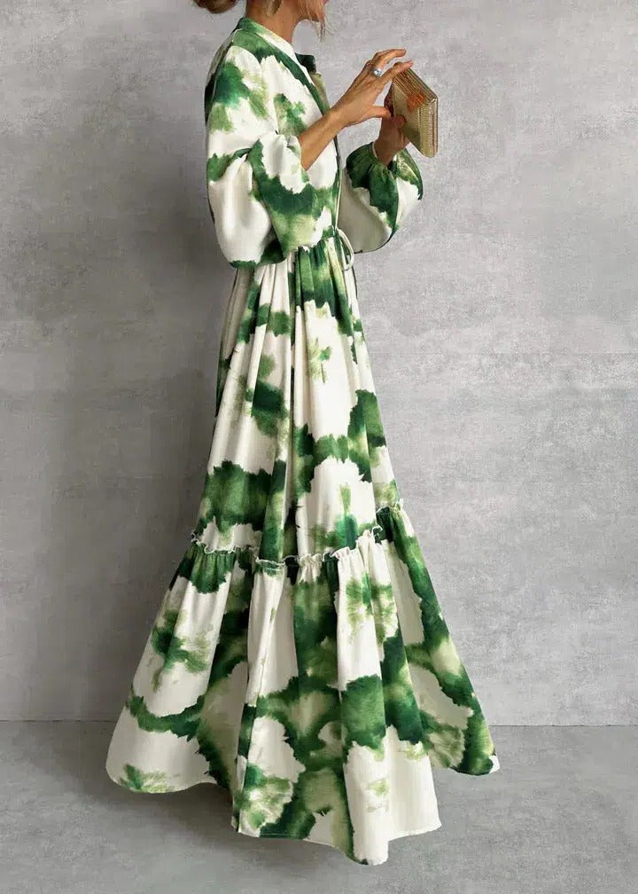 Gisleine | Robe Longue Imprimée Ceinturée à Volants Verte