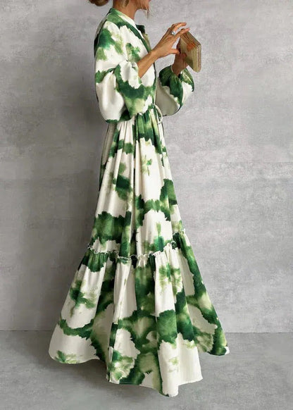 Gisleine | Robe Longue Imprimée Ceinturée à Volants Verte