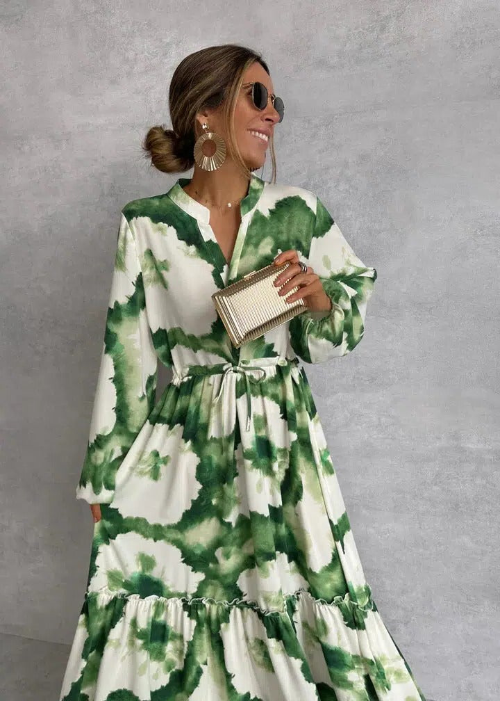 Gisleine | Robe Longue Imprimée Ceinturée à Volants Verte
