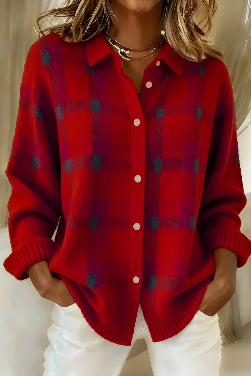 Gilet femme à carreaux tricotés et boutonnage complet