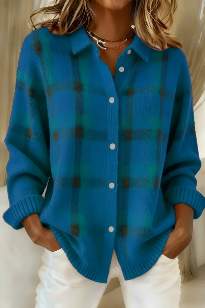 Gilet femme à carreaux tricotés et boutonnage complet