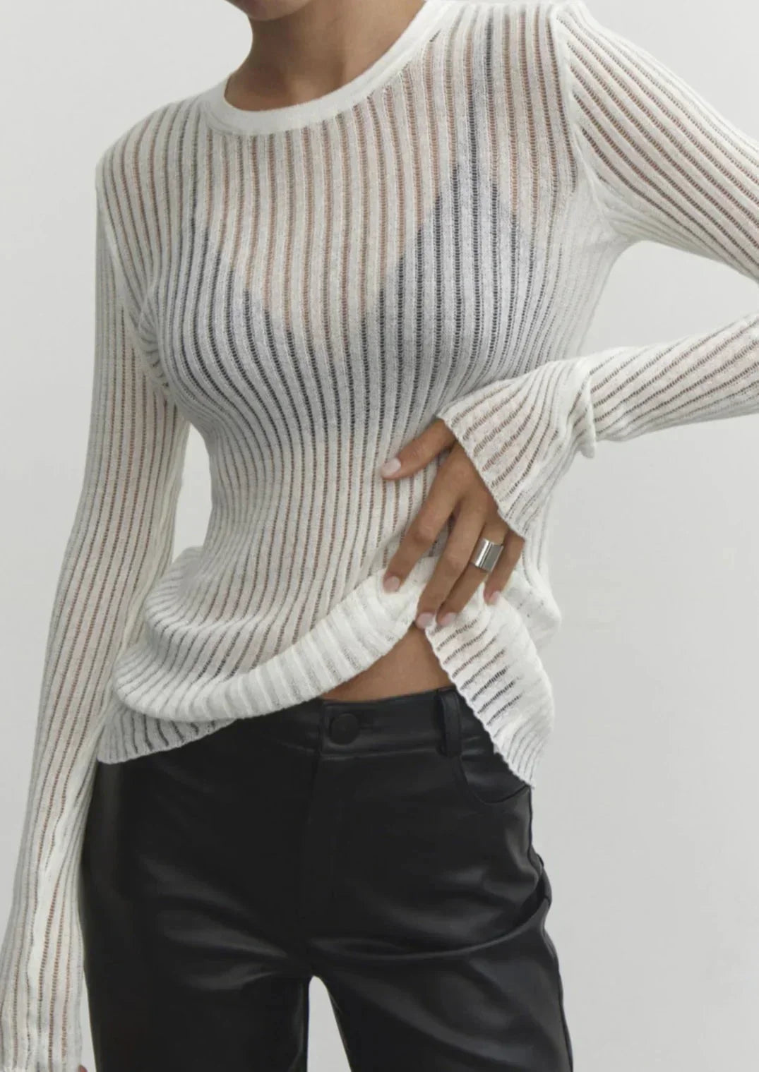 Oriane | Top Maille Transparente Manches Longues