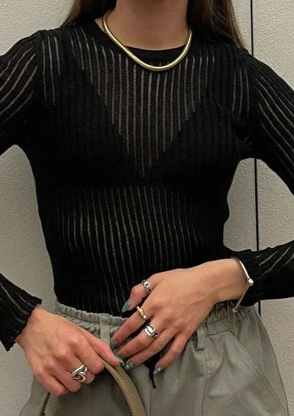 Oriane | Top Maille Transparente Manches Longues