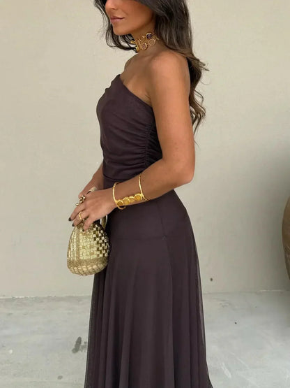 Annette | Robe Longue Épaules Dénudées Chocolat