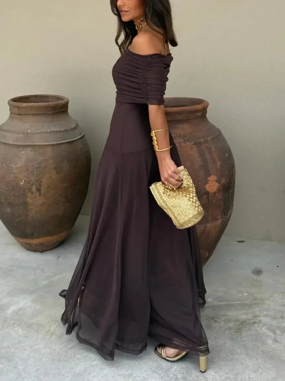 Annette | Robe Longue Épaules Dénudées Chocolat