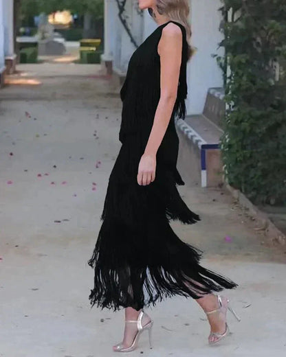 Cyrielle | Robe Longue à Franges Encolure Asymétrique
