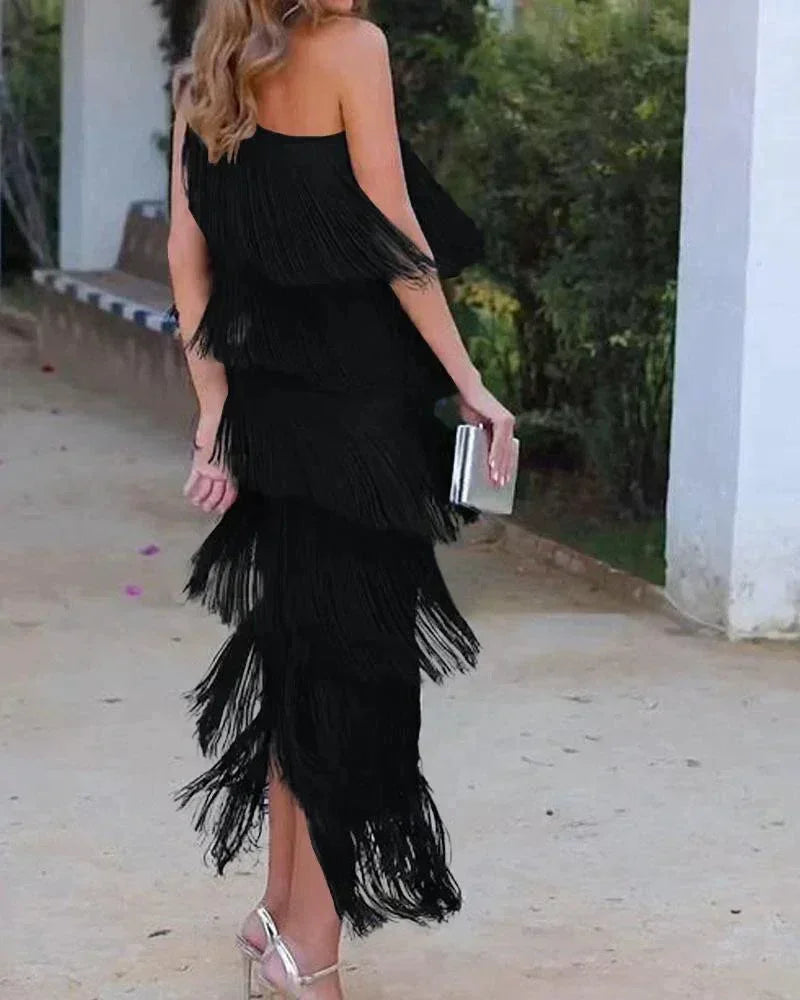 Cyrielle | Robe Longue à Franges Encolure Asymétrique