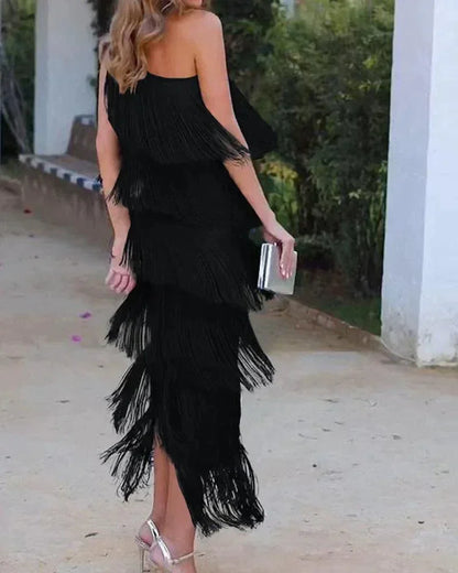 Cyrielle | Robe Longue à Franges Encolure Asymétrique