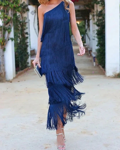 Cyrielle | Robe Longue à Franges Encolure Asymétrique