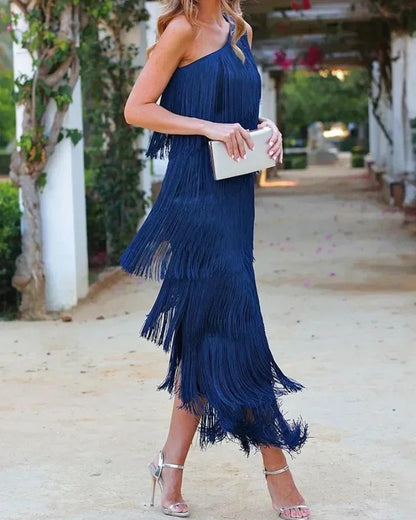 Cyrielle | Robe Longue à Franges Encolure Asymétrique