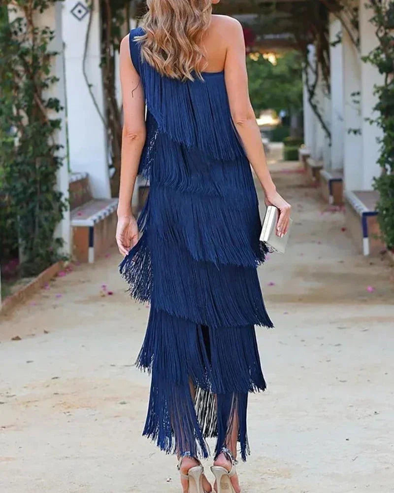Cyrielle | Robe Longue à Franges Encolure Asymétrique