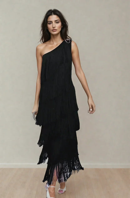 Cyrielle | Robe Longue à Franges Encolure Asymétrique