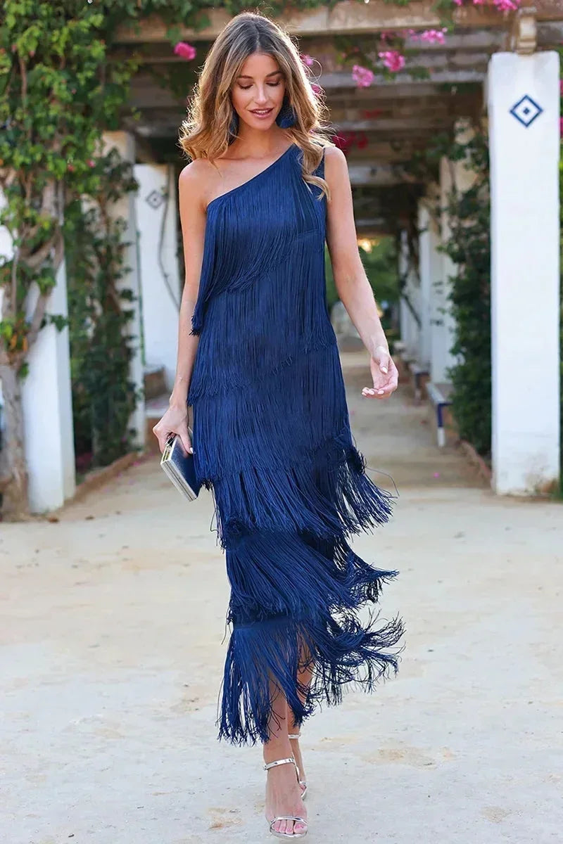 Cyrielle | Robe Longue à Franges Encolure Asymétrique