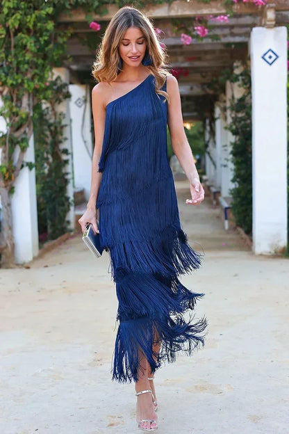 Cyrielle | Robe Longue à Franges Encolure Asymétrique